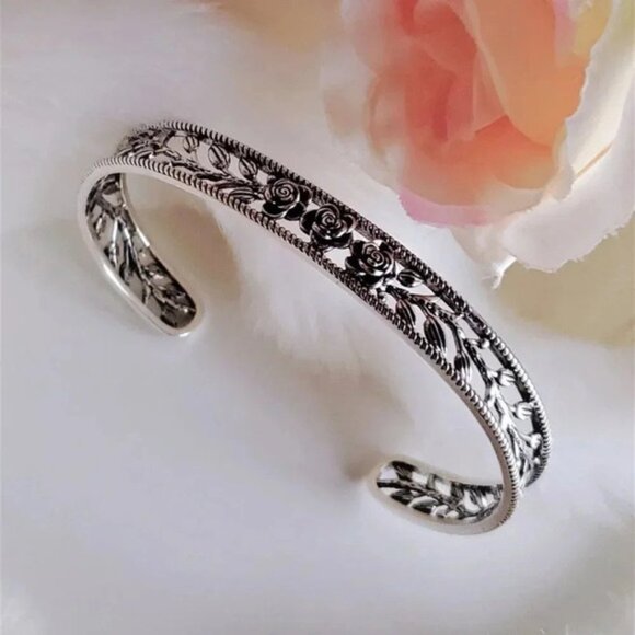 925 Sterling SIlver Rose Bangle Bracelet Rose Flower Engraved Bracelet - Picture 6 of 8